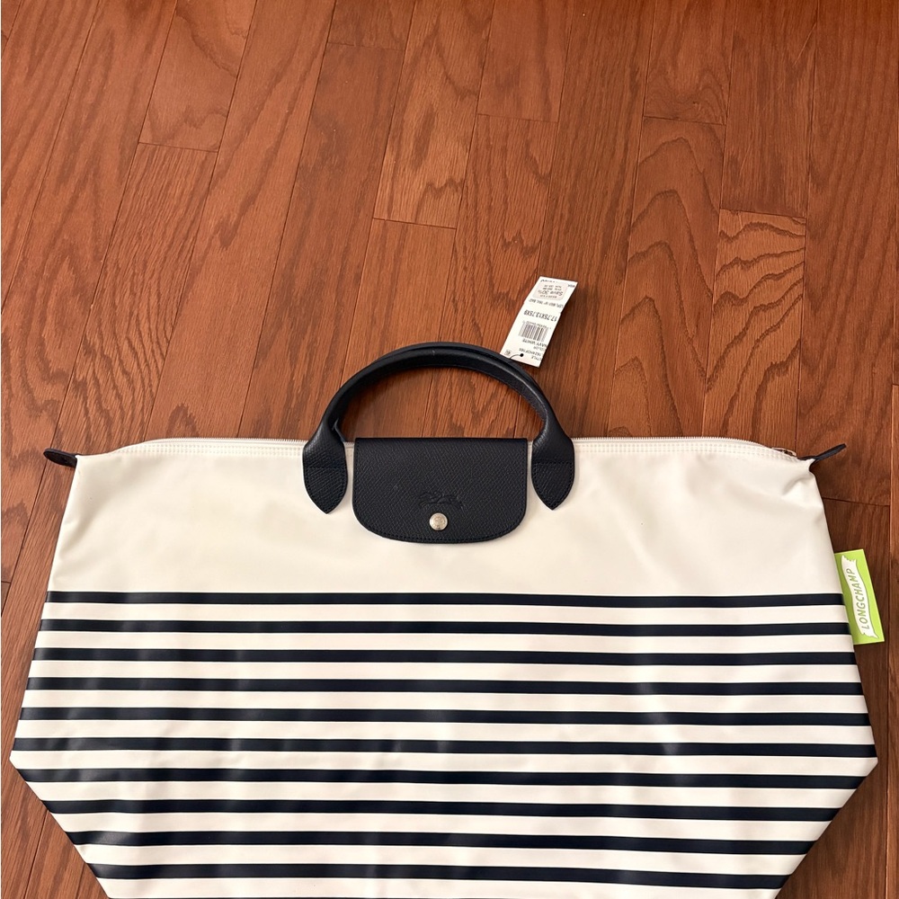 Longchamp Navy and White Striped Tote Bag